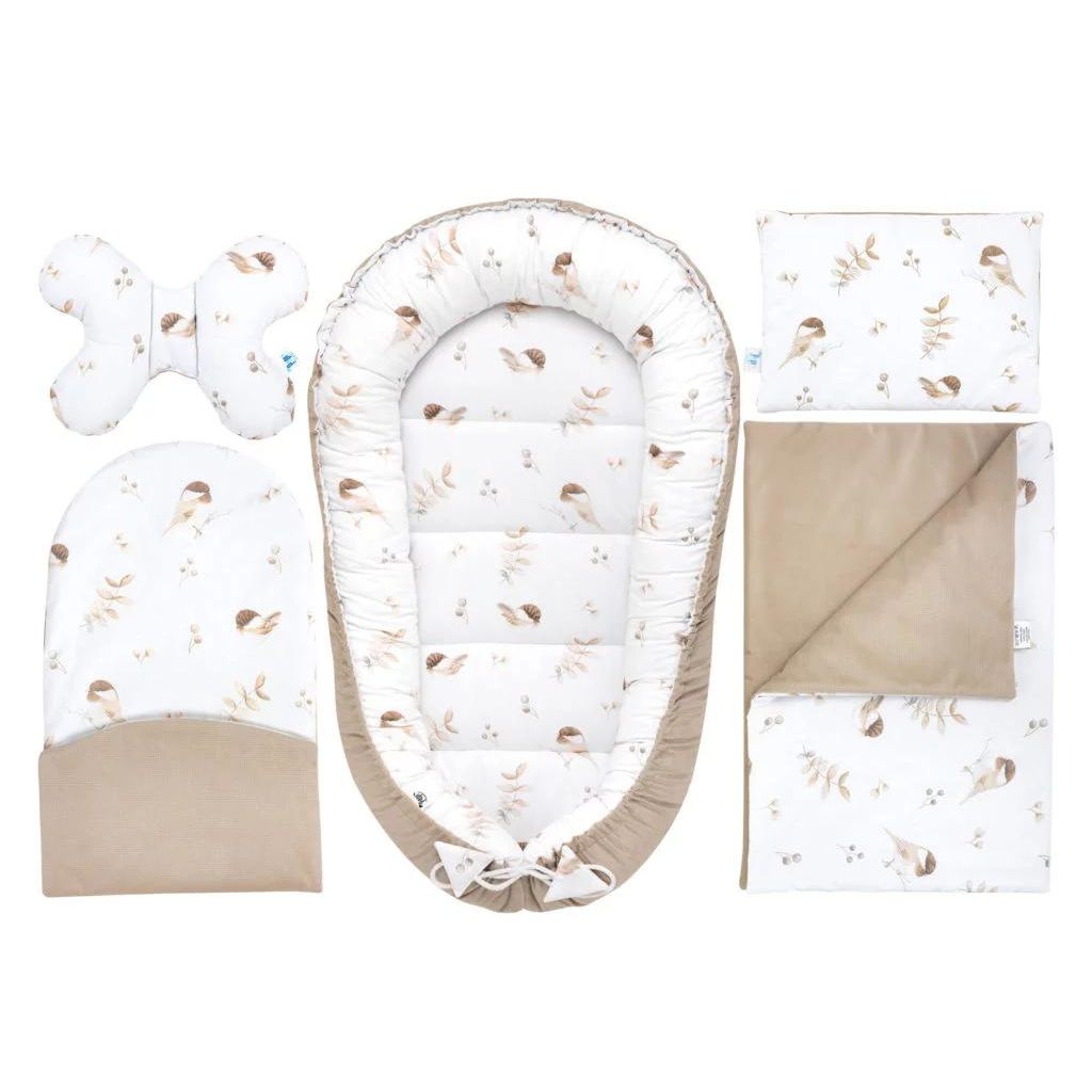 Baba szett 5 az 1-ben - Lovely Bird cappucino - pamut/velvet