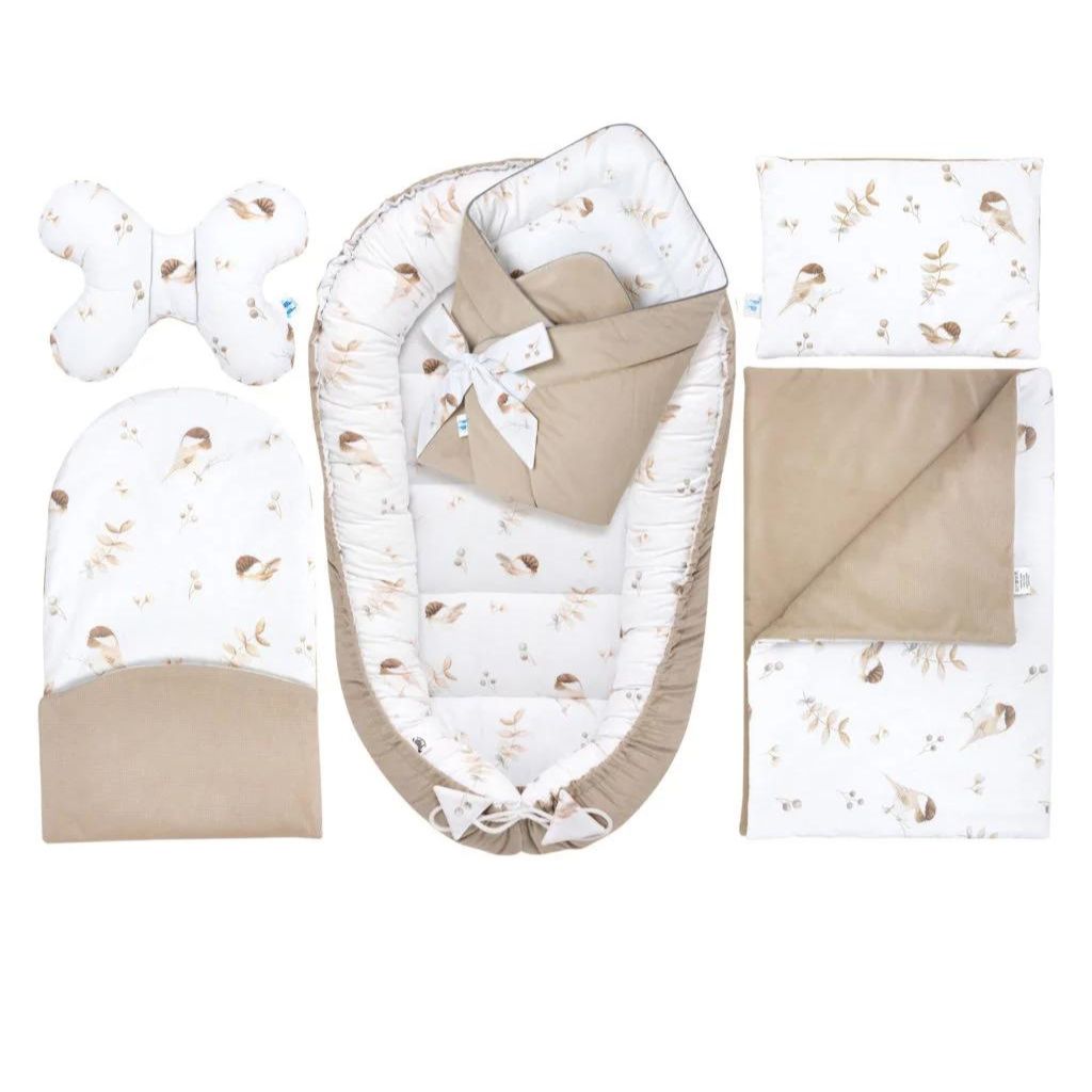 Baba szett 6 az 1-ben - Lovely Bird cappucino - pamut/velvet