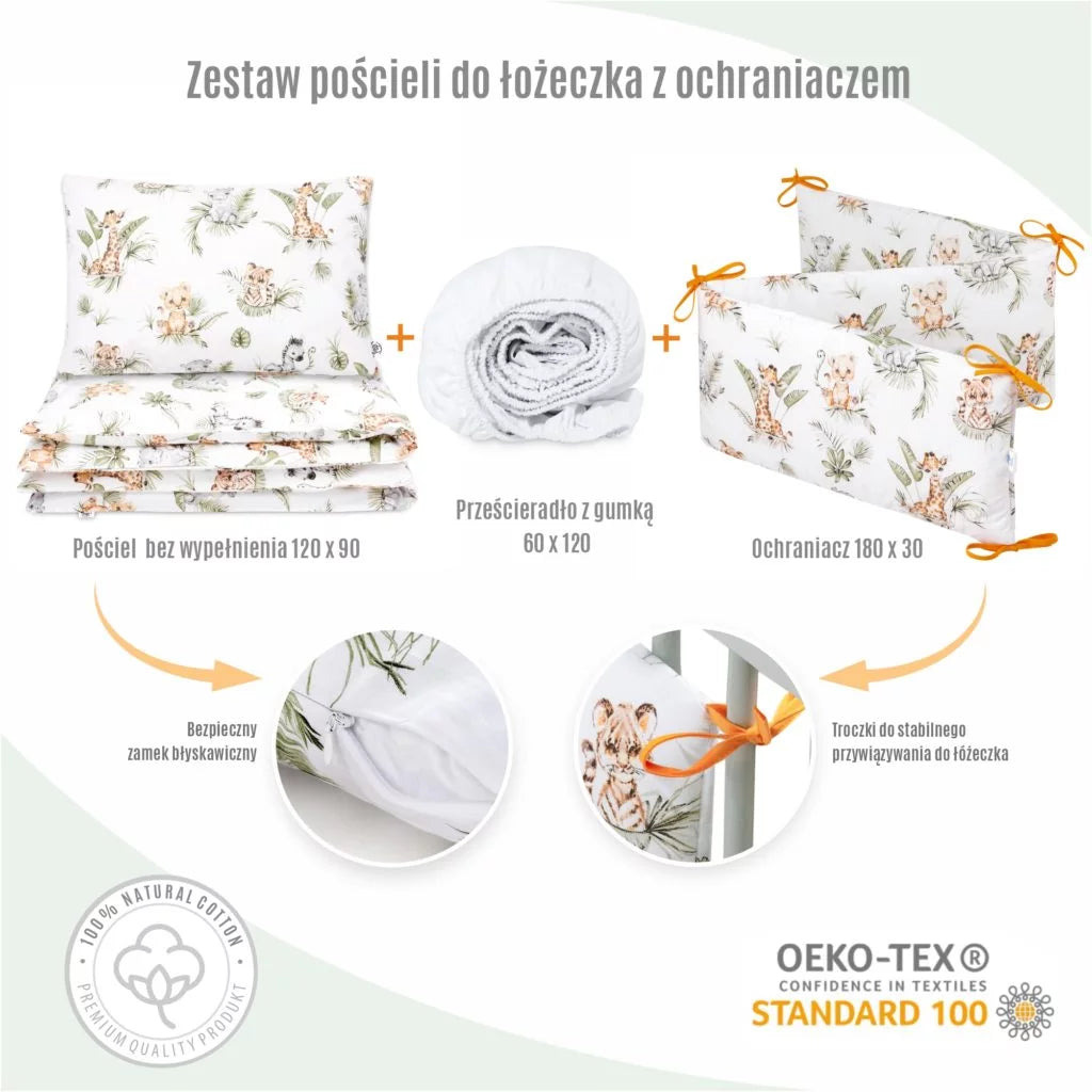 Ágyneműhuzat 4az1-ben - garnitúra kiságyba (90x120) lepedővel és rácsvédővel - Afrimals