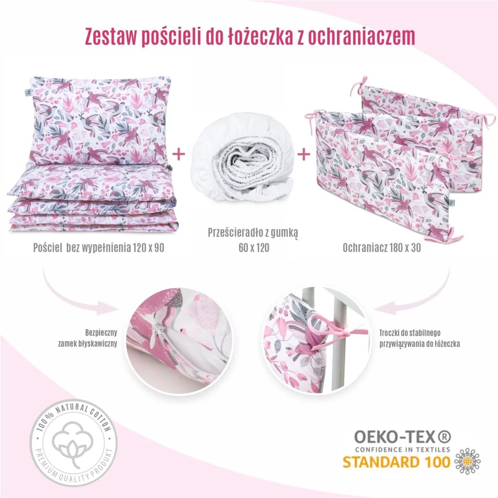 Ágyneműhuzat 4az1-ben - garnitúra kiságyba (90x120) lepedővel és rácsvédővel - Hummingbird rosa