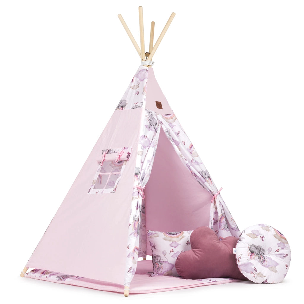 Sátor TIPI gyerekeknek Wigwam ablakkal - Eledreams Pink - szett szőnyeggel és 3 párnával + AJÁNDÉK stabilizátor