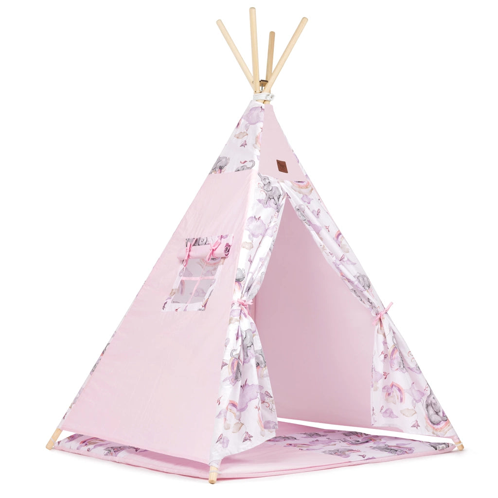 Sátor TIPI gyerekeknek Wigwam ablakkal - Eledreams Pink - szett szőnyeggel és 3 párnával + AJÁNDÉK stabilizátor