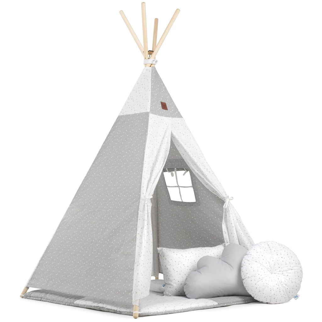 Sátor TIPI gyerekeknek Wigwam ablakkal - Grey Galaxy - szett szőnyeggel és 3 párnával + AJÁNDÉK stabilizátor