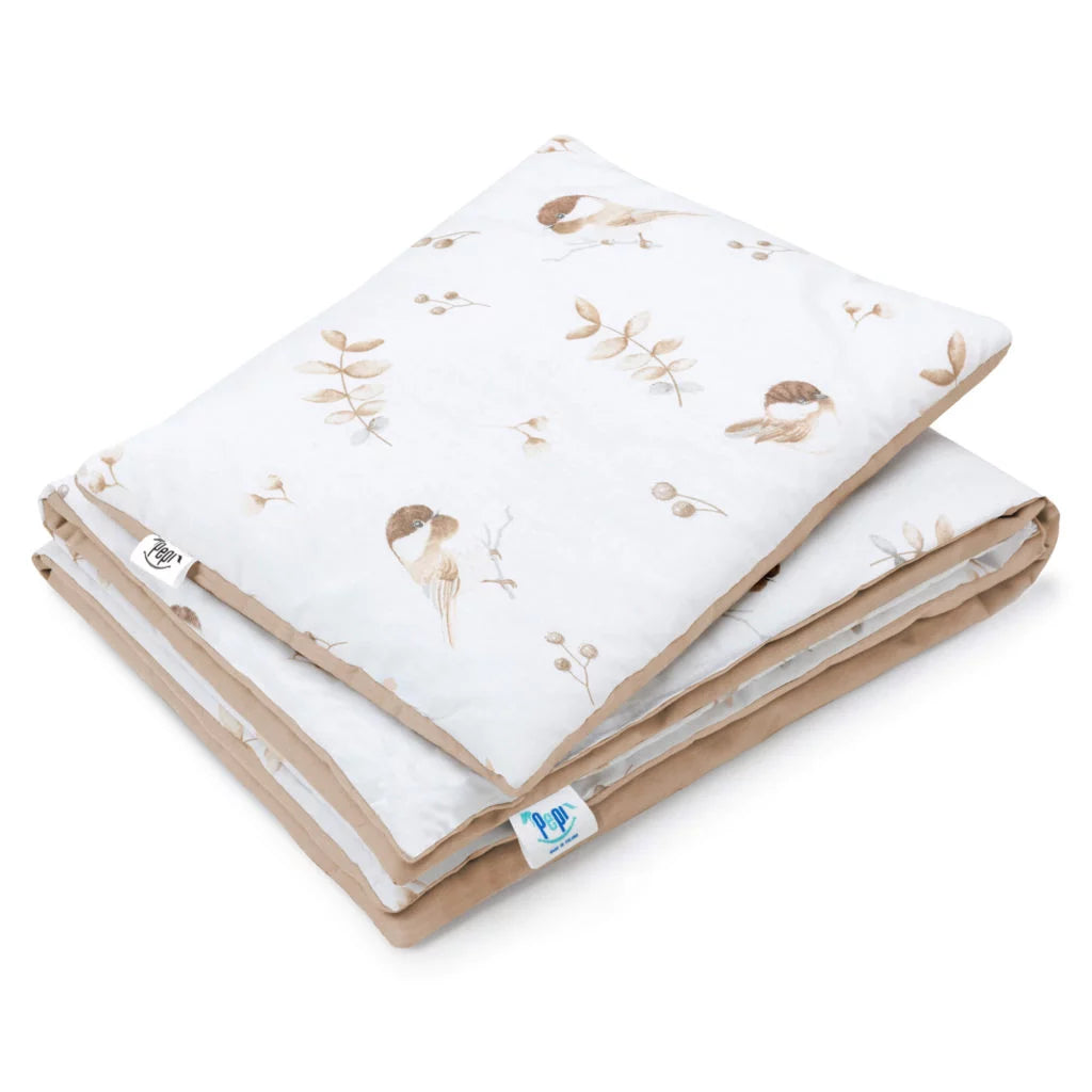 Szett 25x35-ös párna és 55x75-ös takaró – Lovely Bird cappucino – pamut