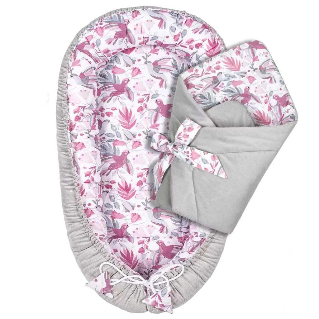 Babafészek és pólya szett - Hummingbird grey - pamut/velvet