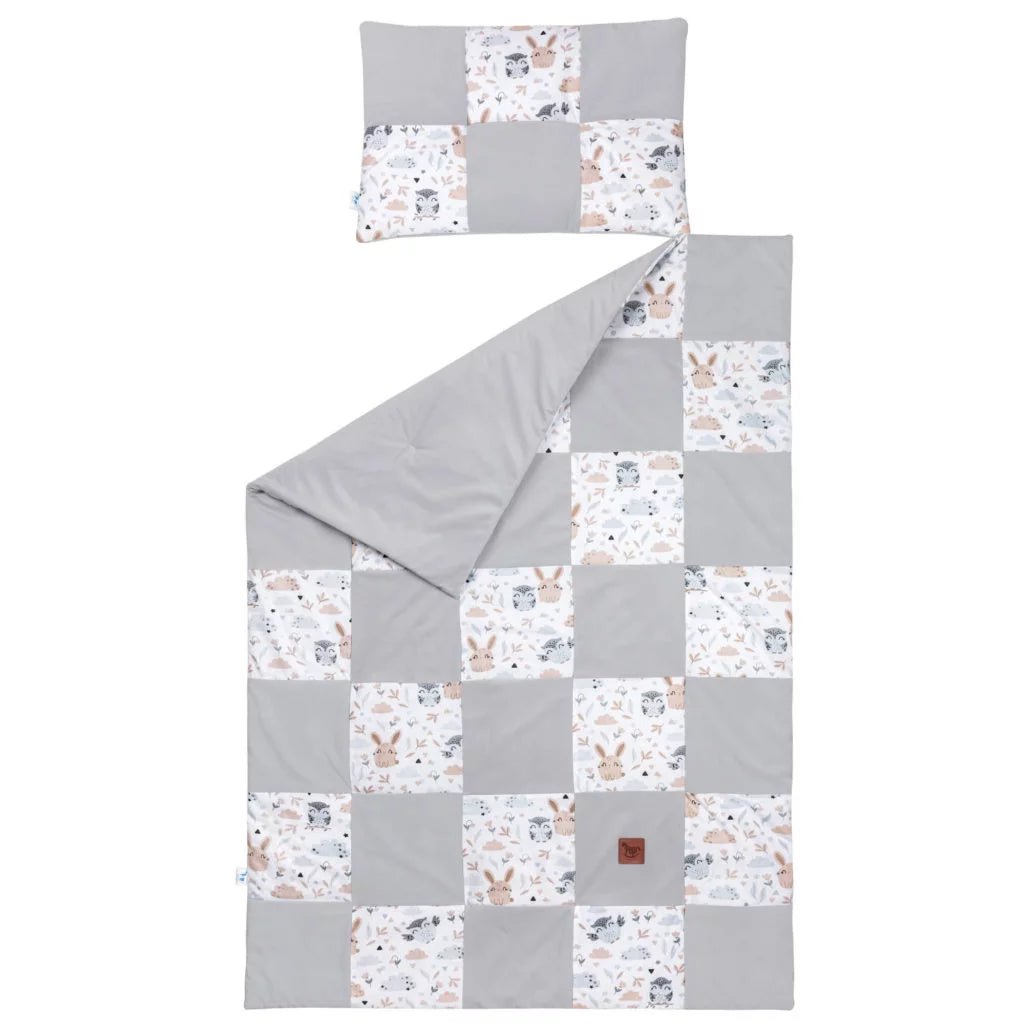Patchwork paplan 100x140 lapos párnával 40x60 - Forest Friends - pamut/velvet
