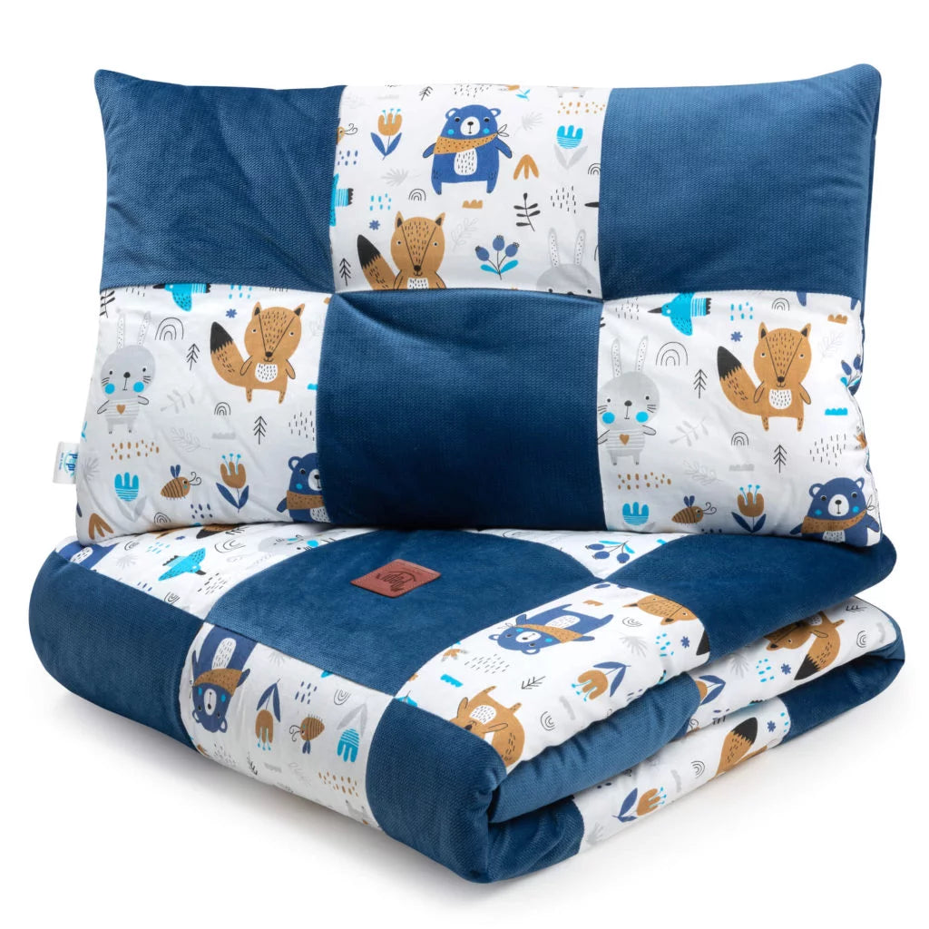 Patchwork paplan 100x140 lapos párnával 40x60 - Blue Bear - pamut/velvet