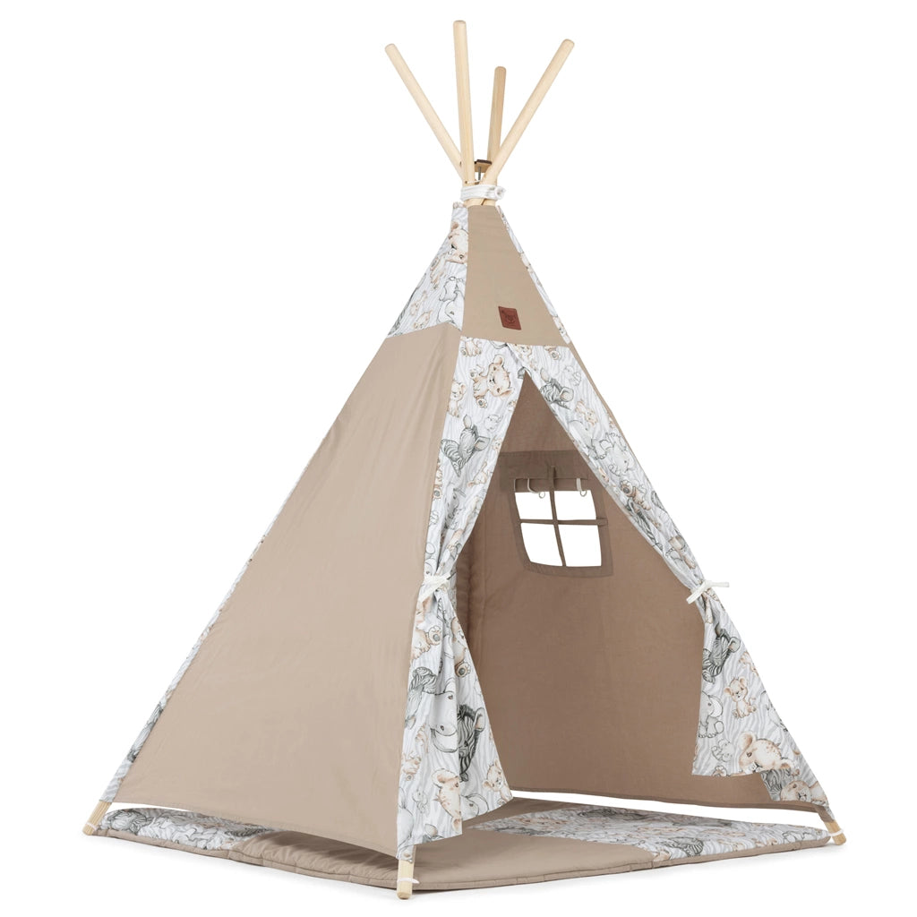 Sátor TIPI gyerekeknek Wigwam ablakkal - Safari - szett szőnyeggel és 3 párnával + AJÁNDÉK stabilizátor