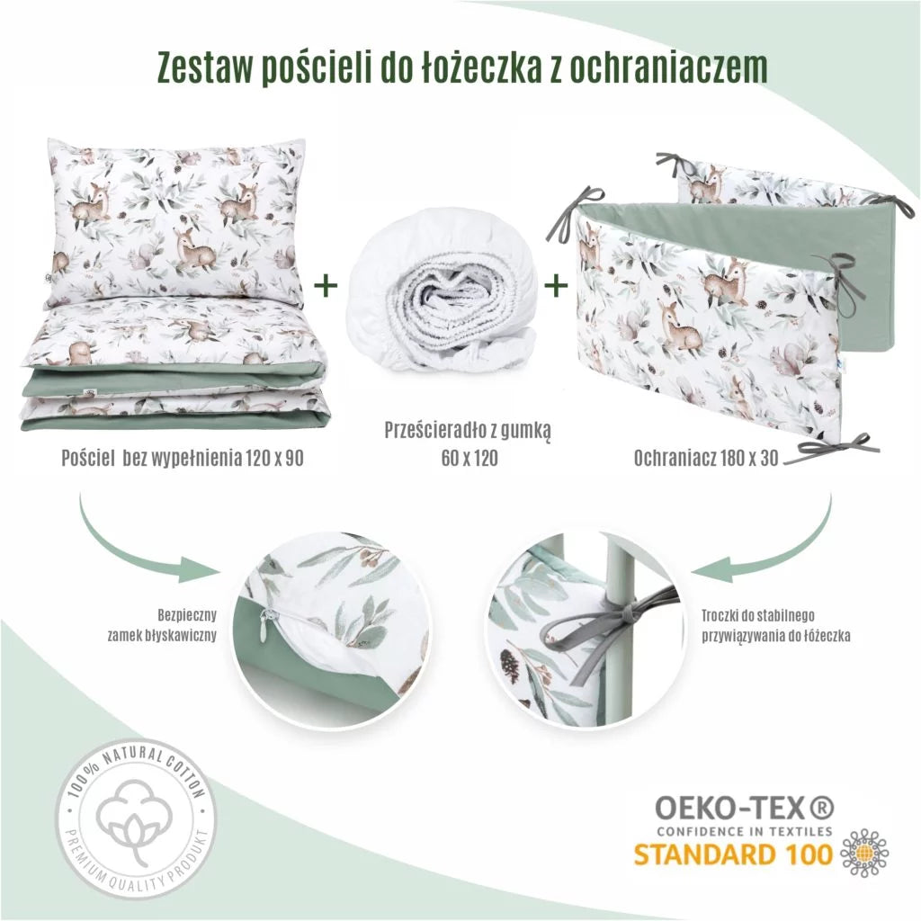 Ágyneműhuzat 4az1-ben - garnitúra kiságyba (90x120) lepedővel és rácsvédővel - Green Groove sage