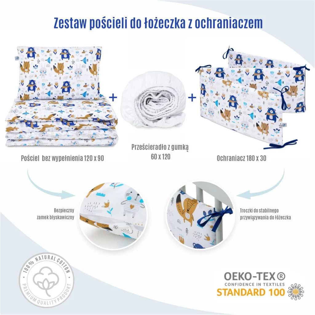 Ágyneműhuzat 4az1-ben - garnitúra kiságyba (90x120) lepedővel és rácsvédővel - Blue Bear