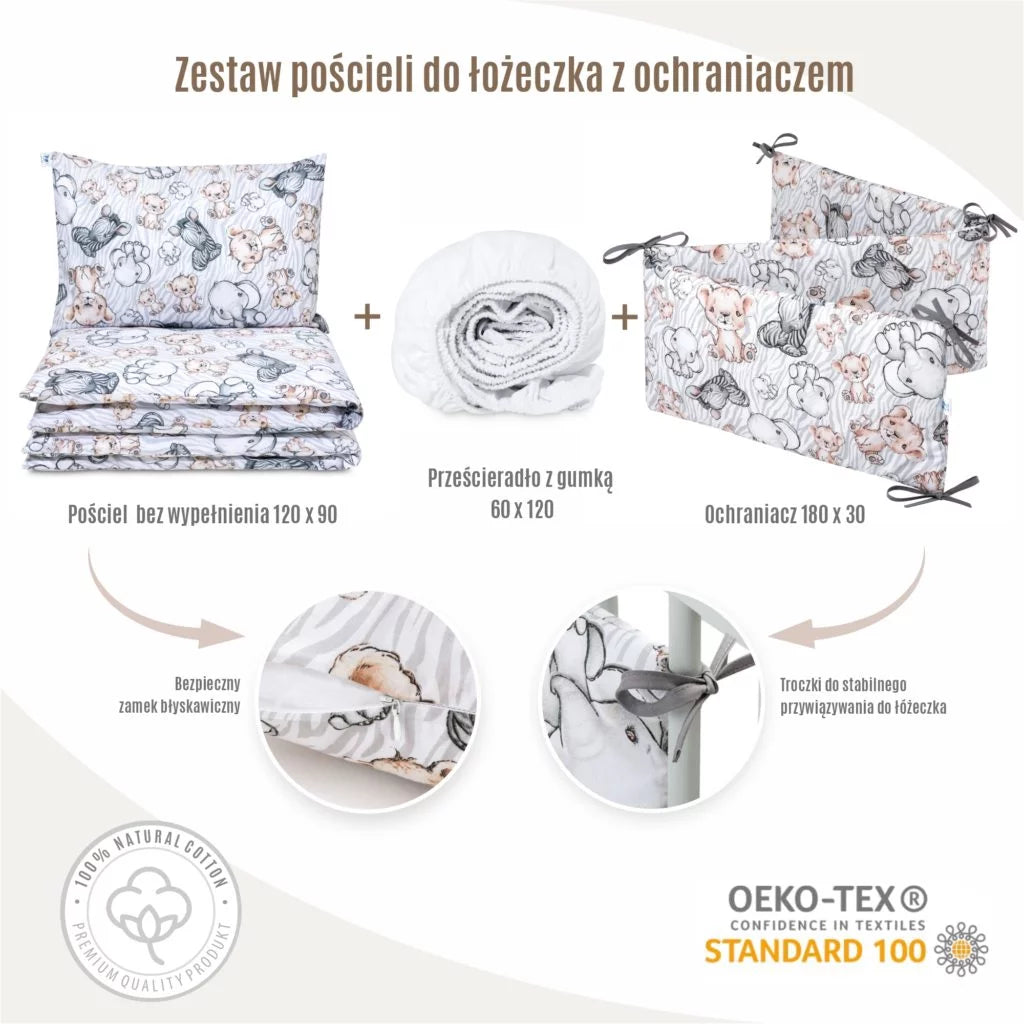 Ágyneműhuzat 4az1-ben - garnitúra kiságyba (90x120) lepedővel és rácsvédővel - Safari