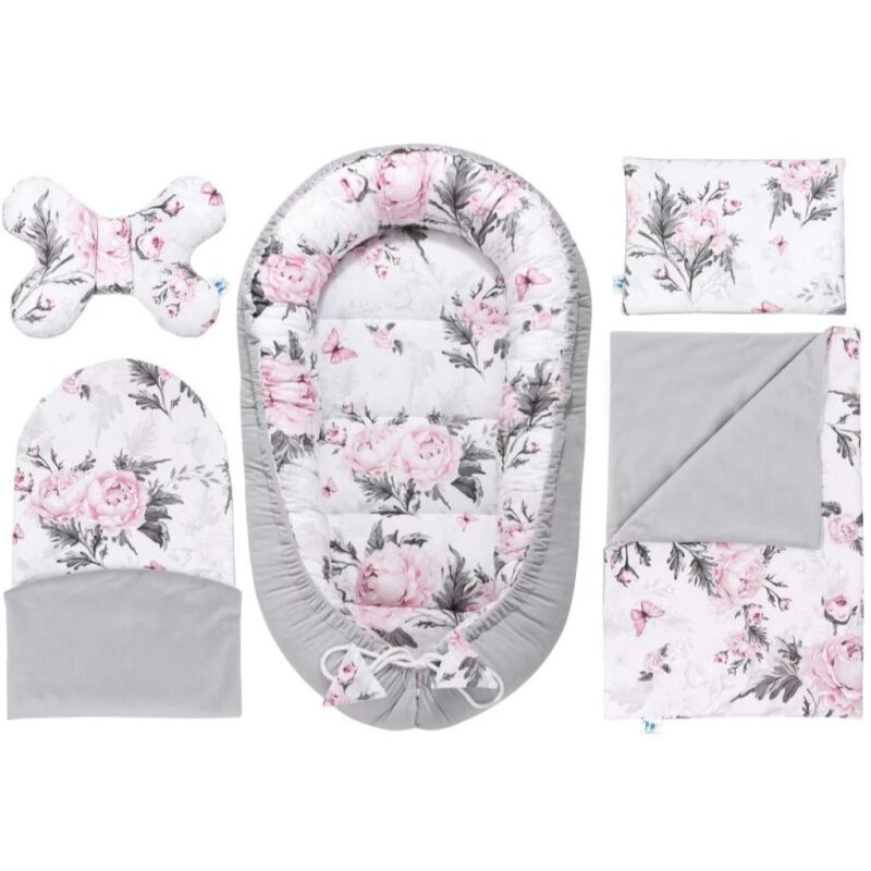 Baba szett 5 az 1-ben - Pink Flowers grey - pamut/velvet