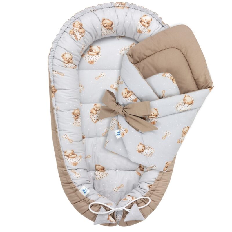 Babafészek és pólya szett - Sleeping Teddy Bear cappucino - pamut