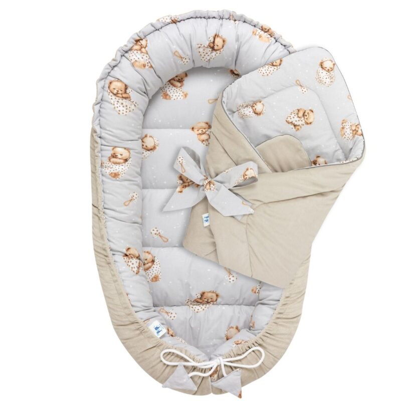 Babafészek és pólya szett - Sleeping Teddy Bear cappucino - pamut/velvet
