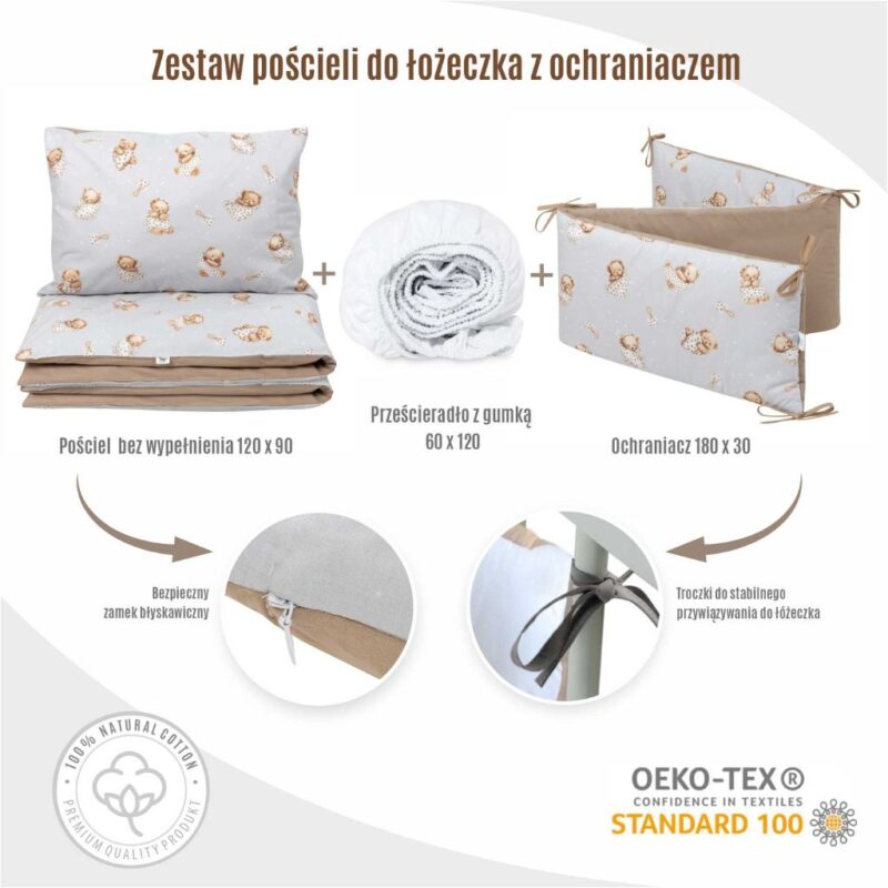 Ágyneműhuzat 4az1-ben - garnitúra kiságyba (90x120) lepedővel és rácsvédővel - White Sleeping Teddy Bear - Image 7
