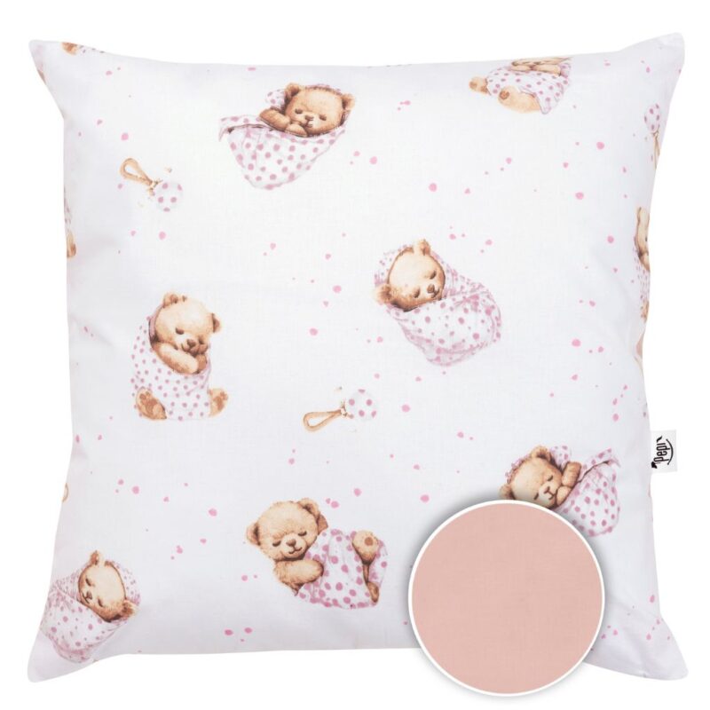 Párnahuzat 40×40 - White Sleeping Teddy Bear pink - pamut