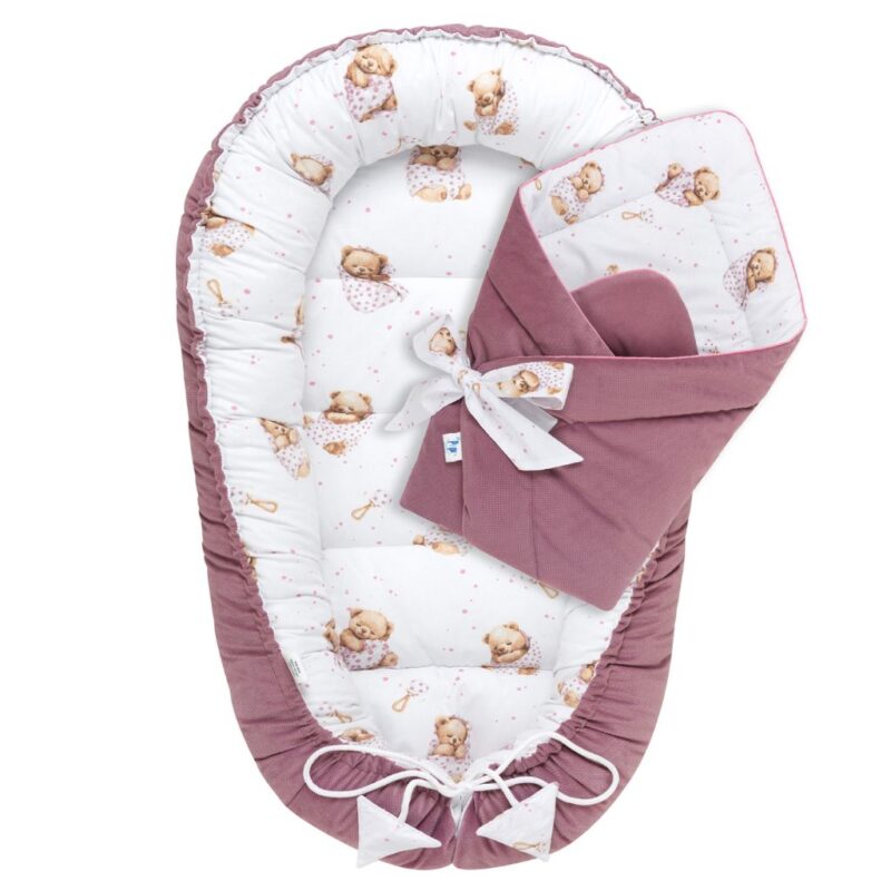 Babafészek és pólya szett - Sleeping Teddy Bear old rosa - pamut/velvet