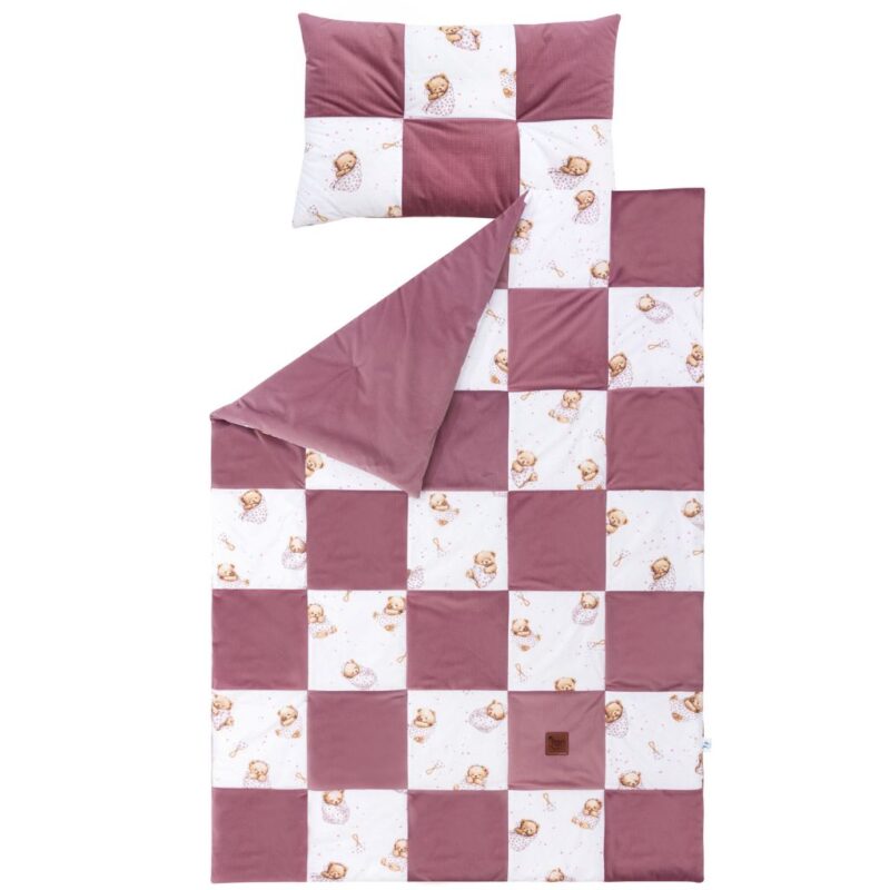 Patchwork paplan 100x140 lapos párnával 40x60 - White Sleeping Teddy Bear - pamut/velvet - Image 2