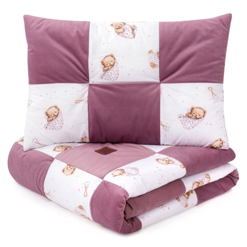 Patchwork paplan 100x140 lapos párnával 40x60 - White Sleeping Teddy Bear - pamut/velvet