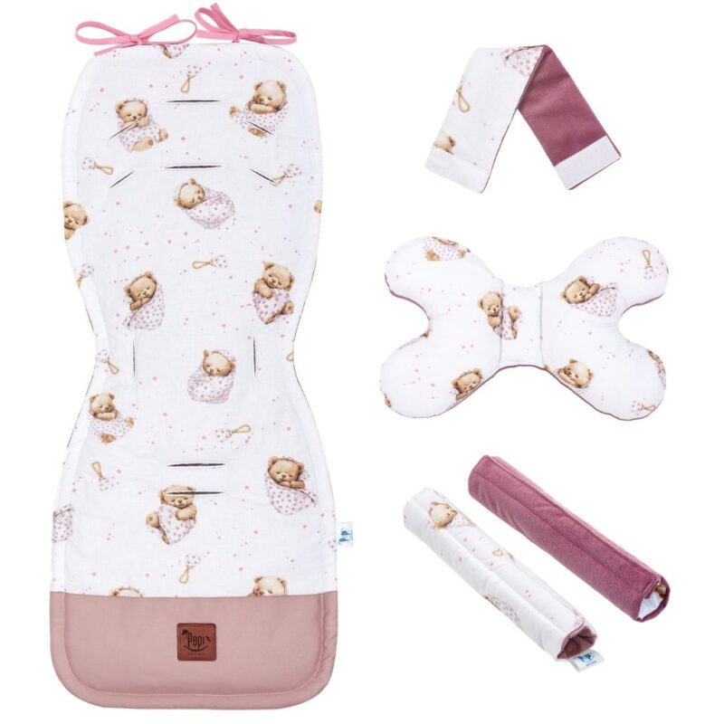 Babakocsi betét 5az1-ben szett - White Sleeping Teddy Bear - pamut/velvet