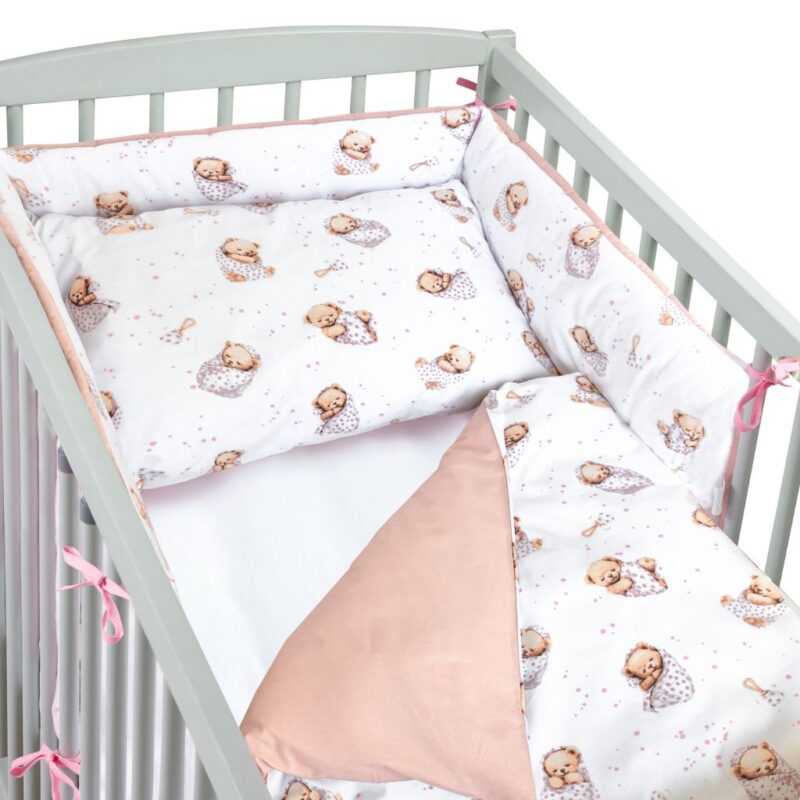 Ágyneműhuzat 4az1-ben - garnitúra kiságyba (90x120) lepedővel és rácsvédővel - White Sleeping Teddy Bear