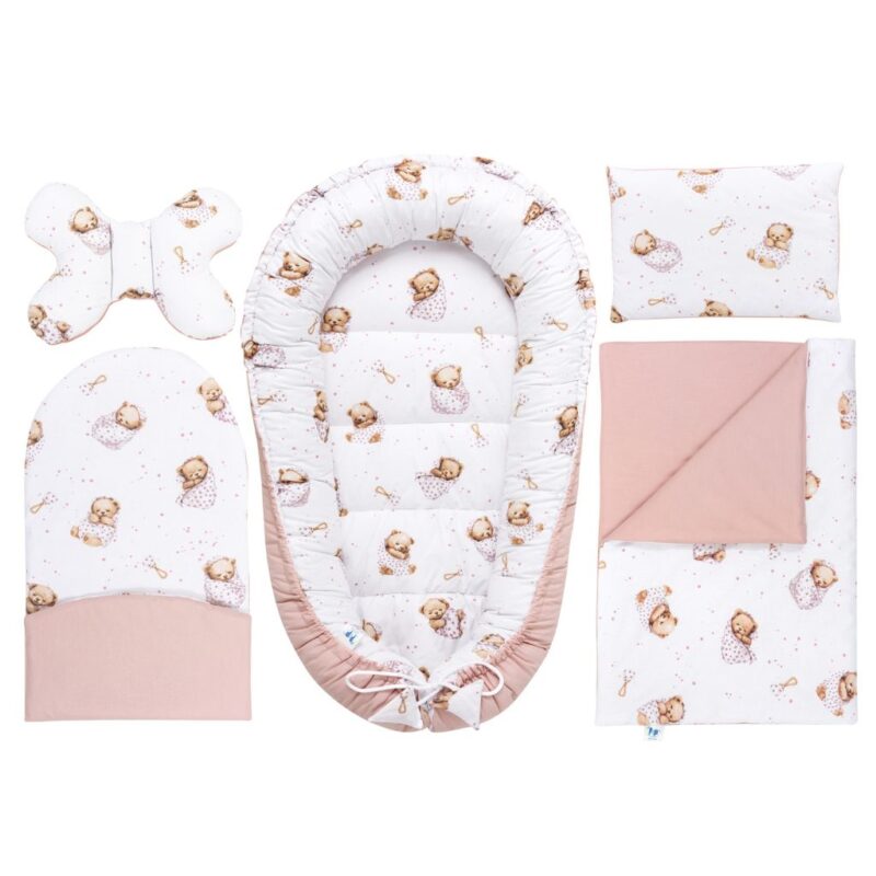 Baba szett 5 az 1-ben - White Sleeping Teddy Bear - pamut