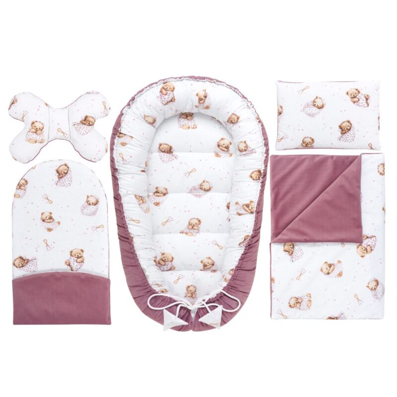 Baba szett 5 az 1-ben - White Sleeping Teddy Bear old rosa - pamut/velvet
