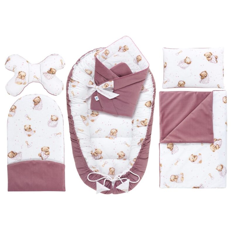 Baba szett 6 az 1-ben - White Sleeping Teddy Bear - pamut/velvet