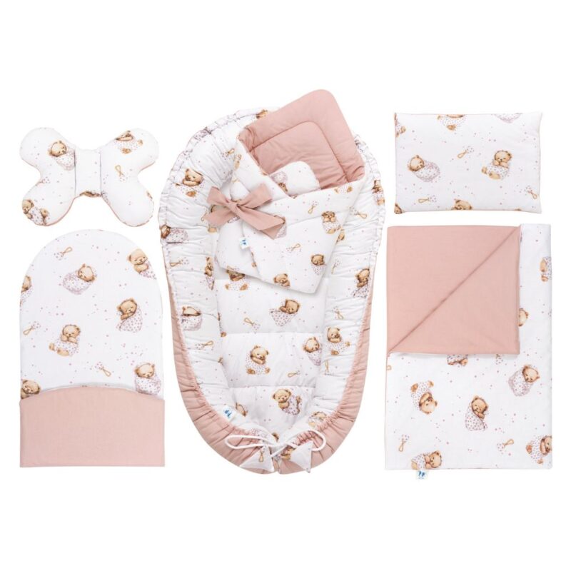 Baba szett 6 az 1-ben - White Sleeping Teddy Bear - pamut