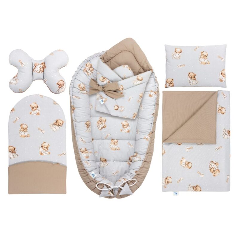 Baba szett 6 az 1-ben - Sleeping Teddy Bear cappucino - pamut