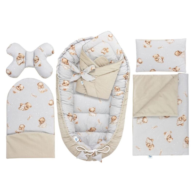 Baba szett 6 az 1-ben - Sleeping Teddy Bear cappucino- pamut/velvet