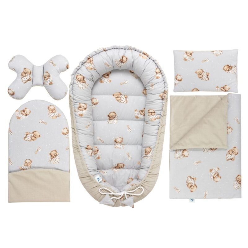 Baba szett 5 az 1-ben - Sleeping Teddy Bear cappucino - pamut/velvet