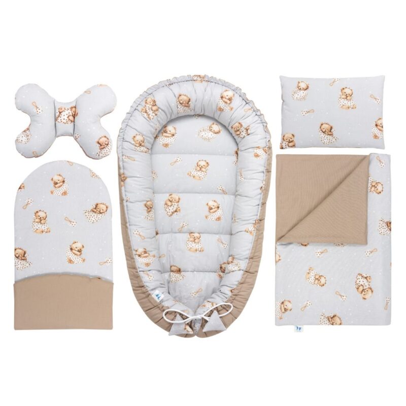 Baba szett 5 az 1-ben - Sleeping Teddy Bear cappucino - pamut