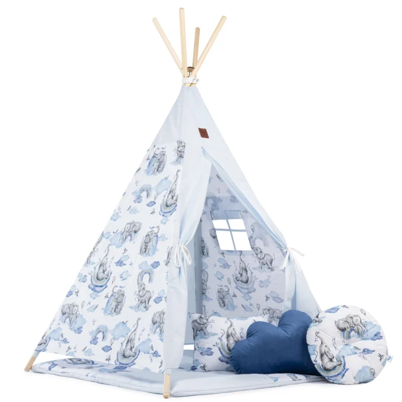 Sátor TIPI gyerekeknek Wigwam ablakkal - Eledreams Blue - szett szőnyeggel és 3 párnával + AJÁNDÉK stabilizátor