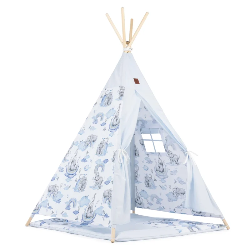 Sátor TIPI gyerekeknek Wigwam ablakkal - Eledreams Blue - szett szőnyeggel + AJÁNDÉK stabilizátor