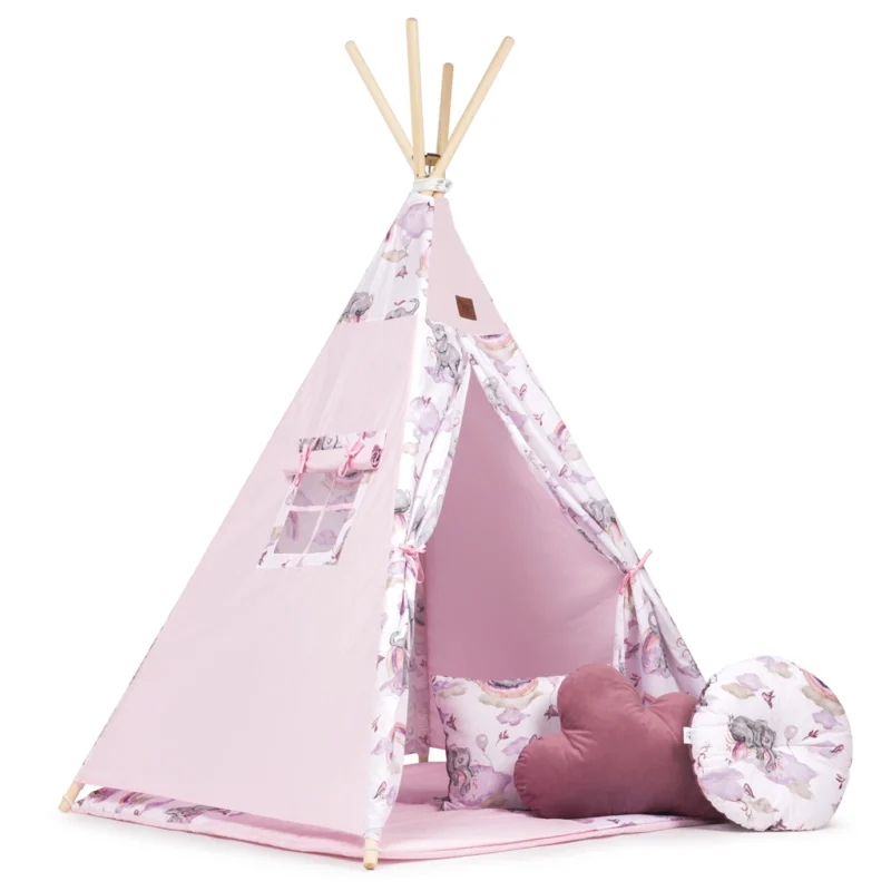 Sátor TIPI gyerekeknek Wigwam ablakkal - Eledreams Pink - szett szőnyeggel és 3 párnával + AJÁNDÉK stabilizátor