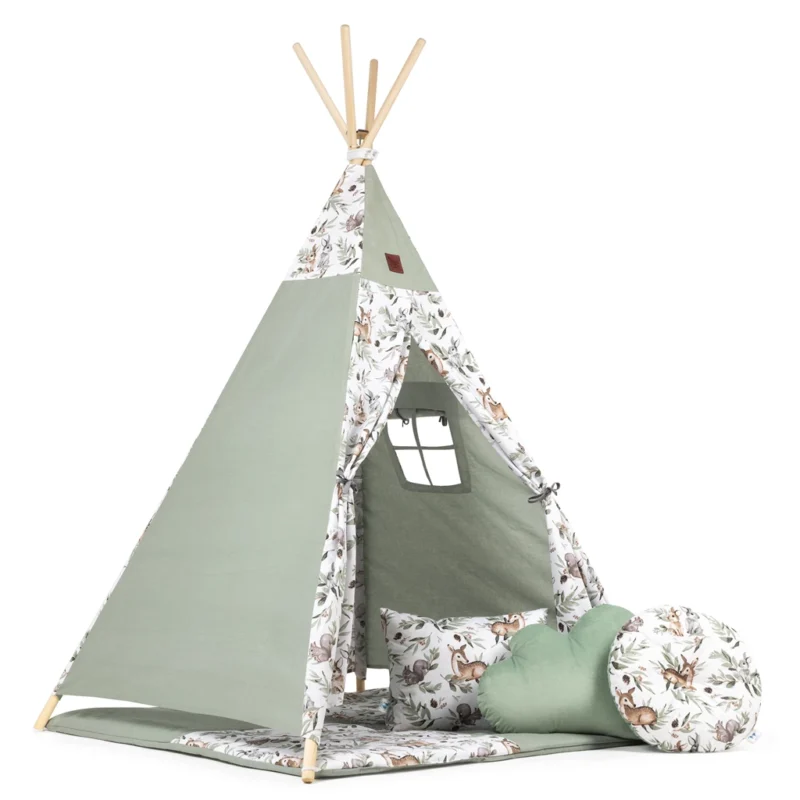 Sátor TIPI gyerekeknek Wigwam ablakkal - Green Groove - szett szőnyeggel és 3 párnával + AJÁNDÉK stabilizátor