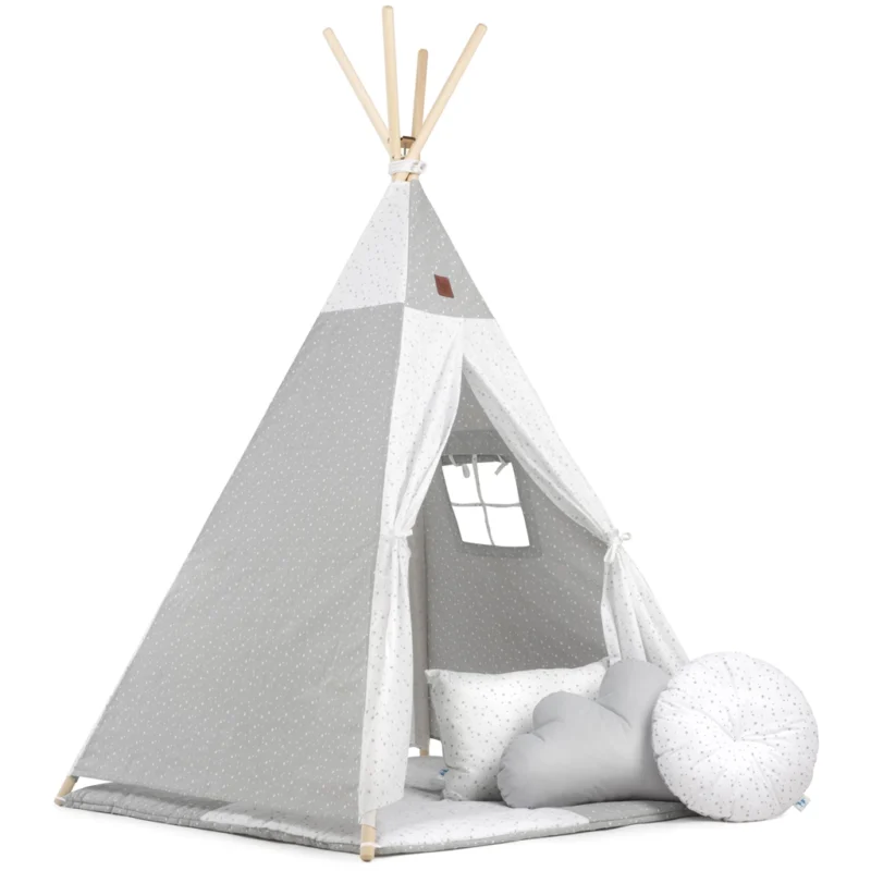 Sátor TIPI gyerekeknek Wigwam ablakkal - Grey Galaxy - szett szőnyeggel és 3 párnával + AJÁNDÉK stabilizátor