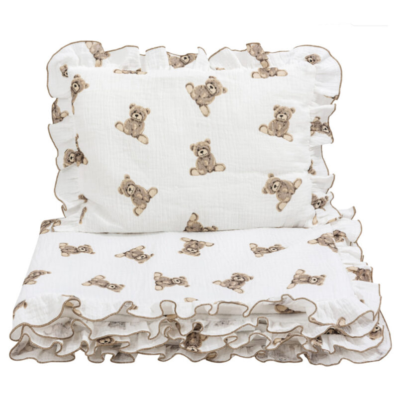 Muszlin szett fodrokkal - takaró 75x100 és párna 30x40 - Sweet Teddy