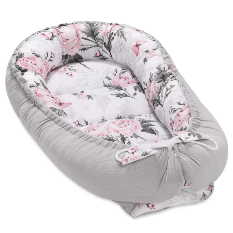 Baba szett 5 az 1-ben - Pink Flowers grey - pamut/velvet - Image 2
