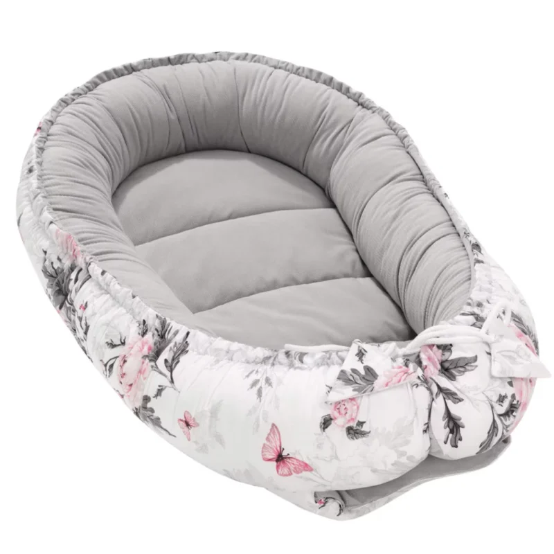 Baba szett 5 az 1-ben - Pink Flowers grey - pamut/velvet - Image 3