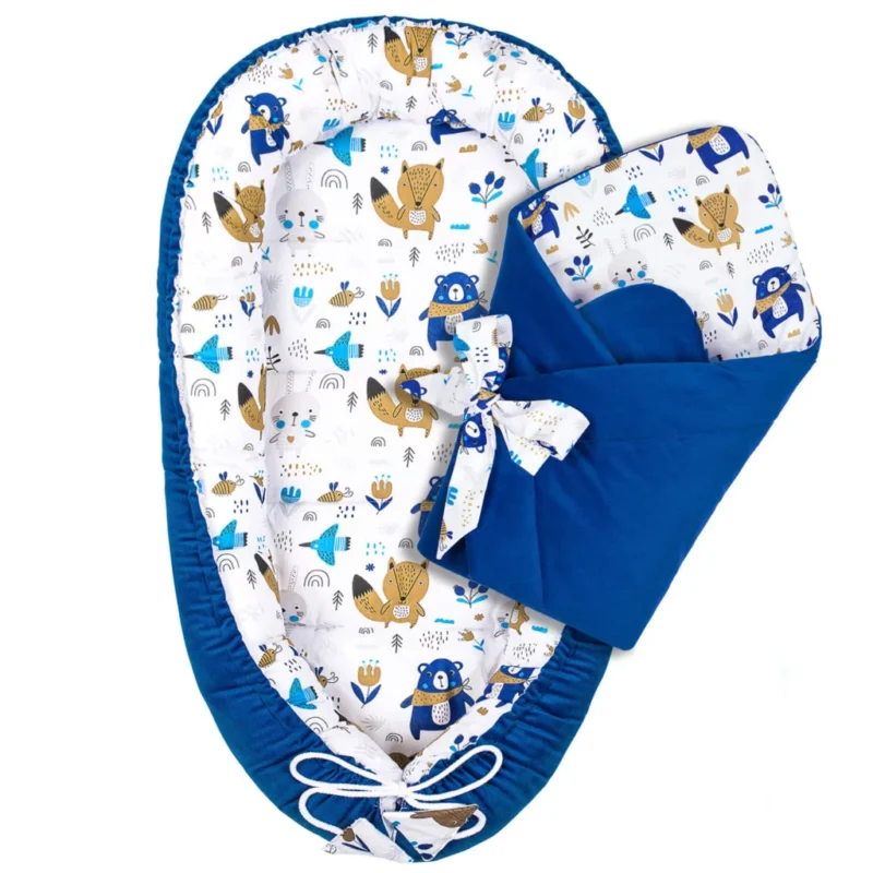 Babafészek és pólya szett - Blue Bear - pamut/velvet