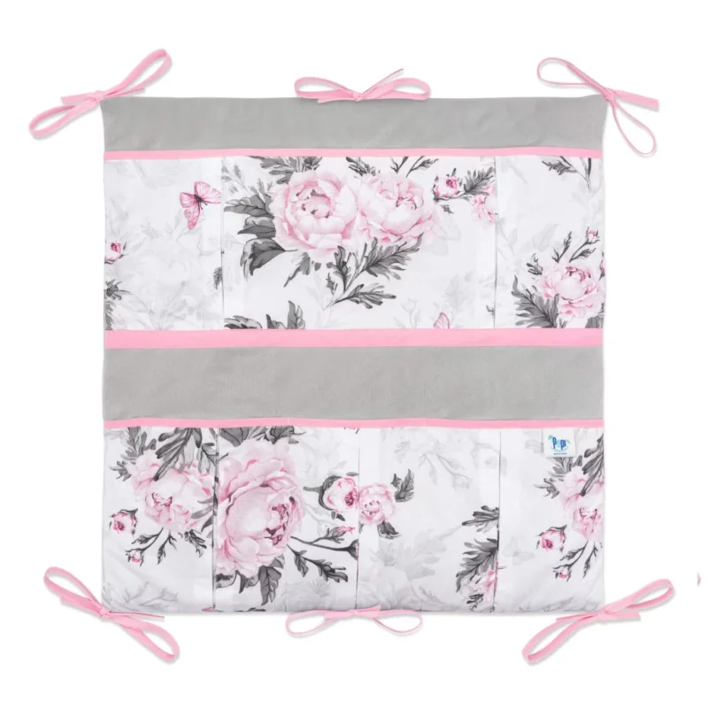 Kiságyra szerelhető tároló 52x52 - Pink Flowers grey - pamut/velvet