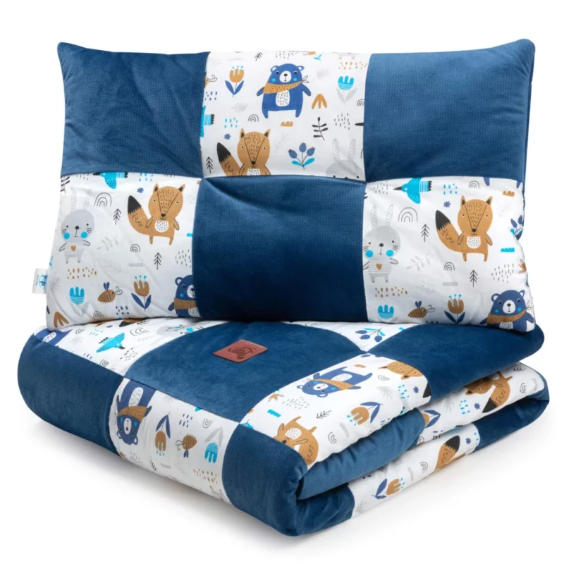 Patchwork paplan 100x140 lapos párnával 40x60 - Blue Bear - pamut/velvet