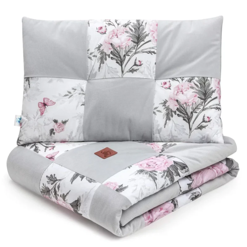 Patchwork paplan 100x140 lapos párnával 40x60 - Pink Flowers grey - pamut/velvet
