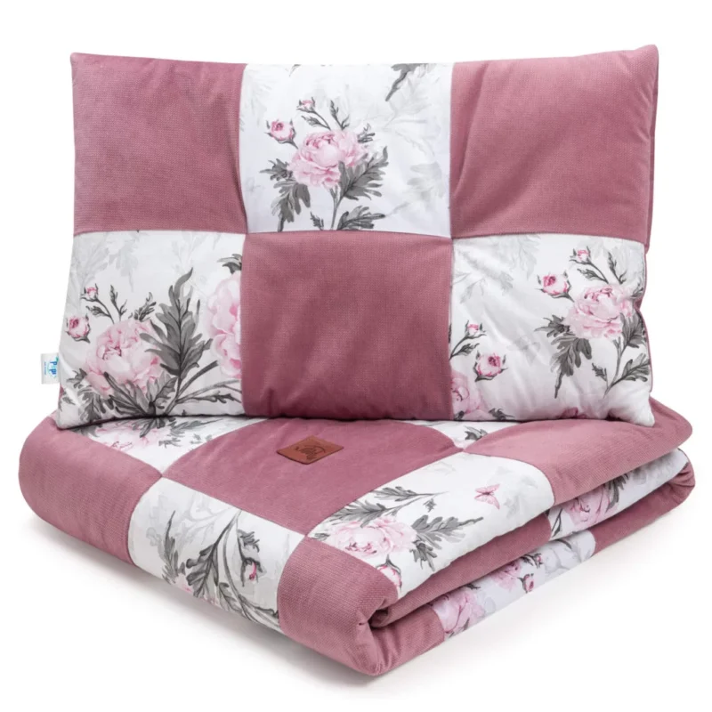 Patchwork paplan 100x140 lapos párnával 40x60 - Pink Flowers old rosa - pamut/velvet