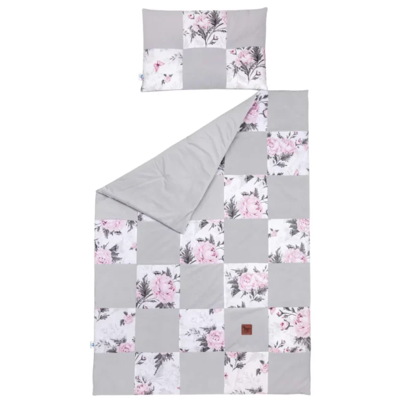 Patchwork paplan 100x140 lapos párnával 40x60 - Pink Flowers grey - pamut/velvet - Image 3