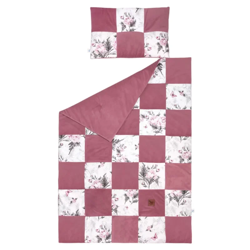 Patchwork paplan 100x140 lapos párnával 40x60 - Pink Flowers old rosa - pamut/velvet - Image 3