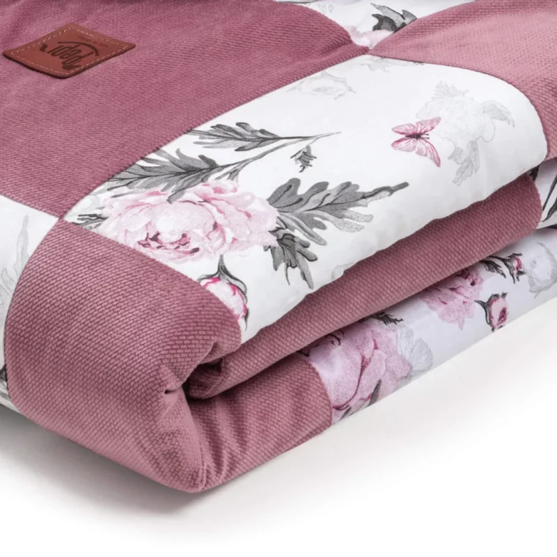 Patchwork paplan 100x140 lapos párnával 40x60 - Pink Flowers old rosa - pamut/velvet - Image 5