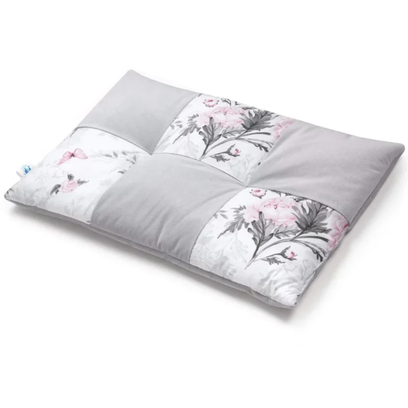 Patchwork paplan 100x140 lapos párnával 40x60 - Pink Flowers grey - pamut/velvet - Image 2
